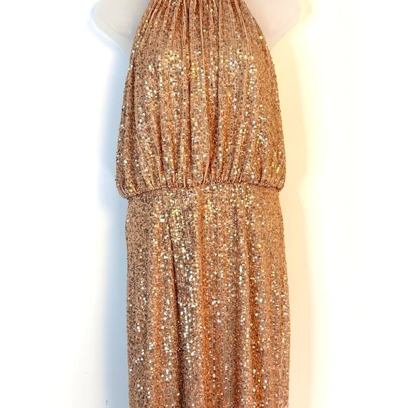 Eliza J Gold Sequin Halter Midi Dress Open Back Evening Party Dress - Picture 3 of 8